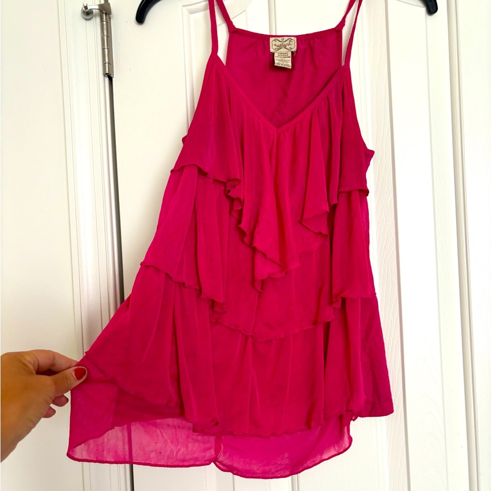 Ruffle front slimming raspberry tank top